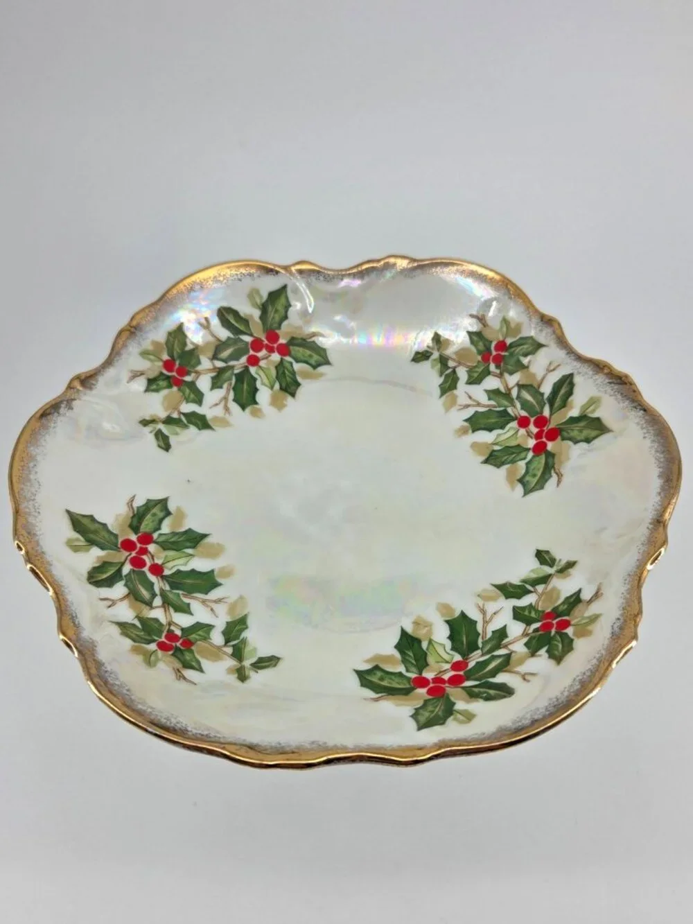 VTG 1950s Ucagco Holly Berry Lusterware Iridescent Pedestal Dish 8